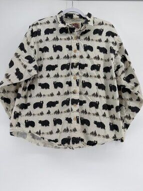 Vintage Barn Fly Black Bear & Pine Tree All-Over Print Button Down Shirt Cream